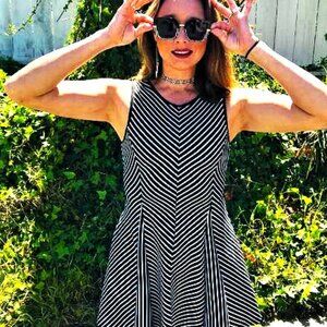 Black and white striped summer dress with flattering A line, Size Small